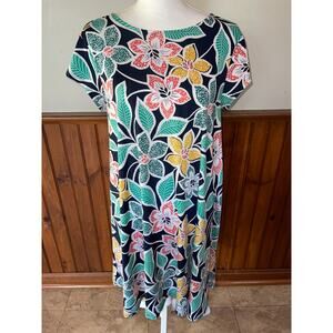 Womens Ruby Rd. Red Green Yellow Floral Dot Embossed Tropical Dress‎ Size Medium